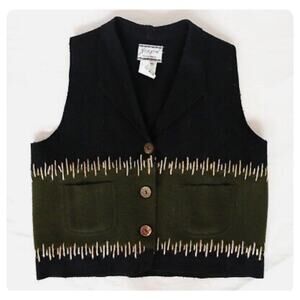 Vintage JouJou Black & Green Wool Vest, collar Camel & Cream Blanket size small